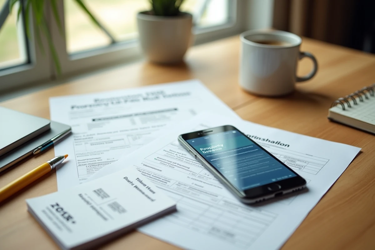 Vue aérienne d'un bureau avec documents fiscaux, smartphone et formulaires de déclaration d'impôts