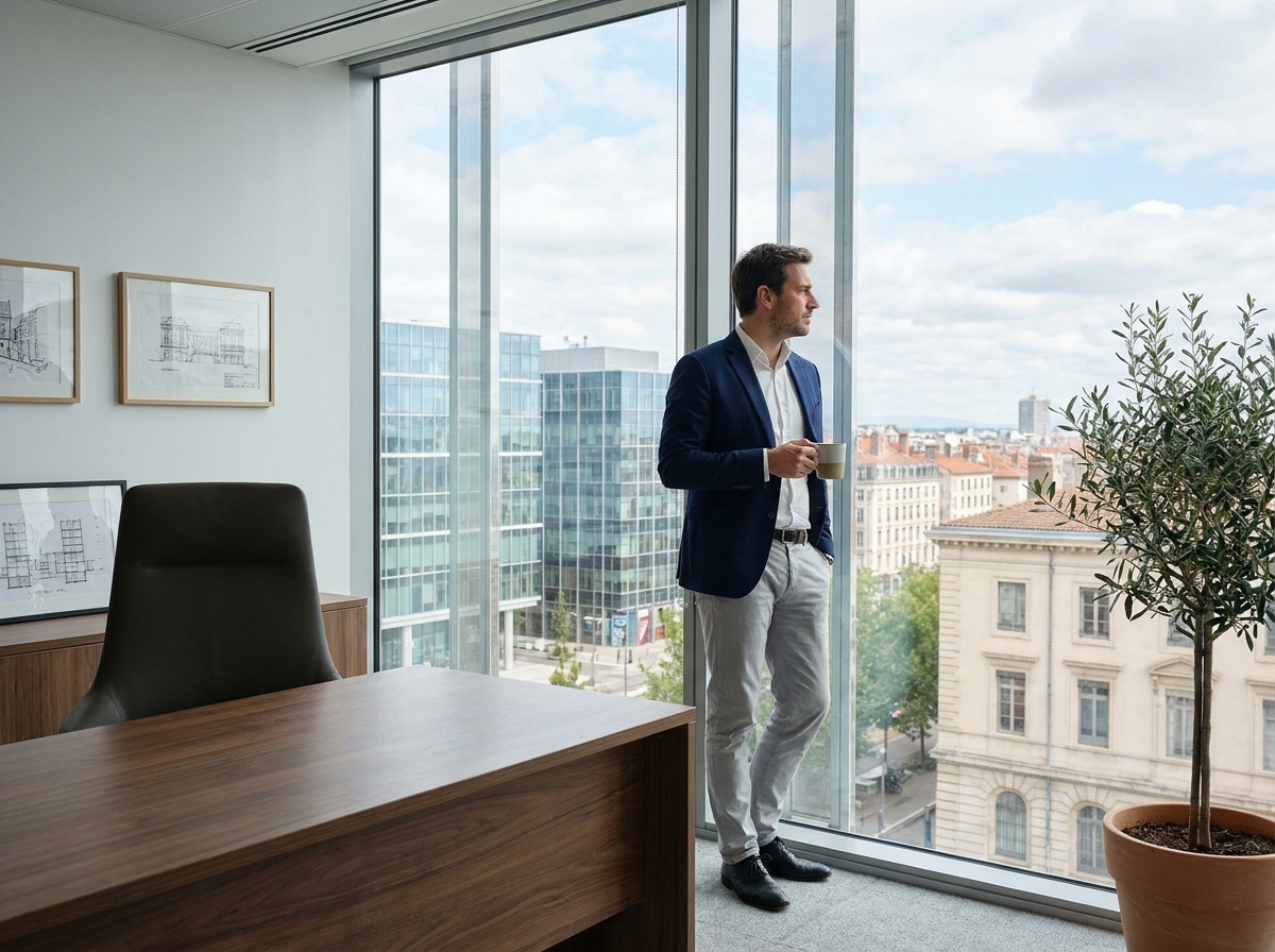 Dirigeant d'entreprise dans un bureau exécutif moderne du quartier Part-Dieu à Lyon avec vue panoramique sur la ville