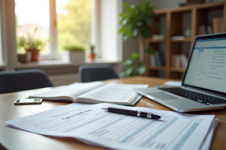 Bureau à domicile organisé avec ordinateur et documents