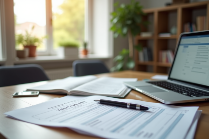 Bureau à domicile organisé avec ordinateur et documents