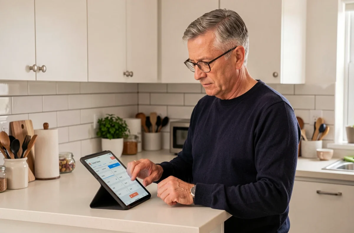 Homme utilisant une tablette pour calculer le supplément de loyer solidarité dans sa cuisine