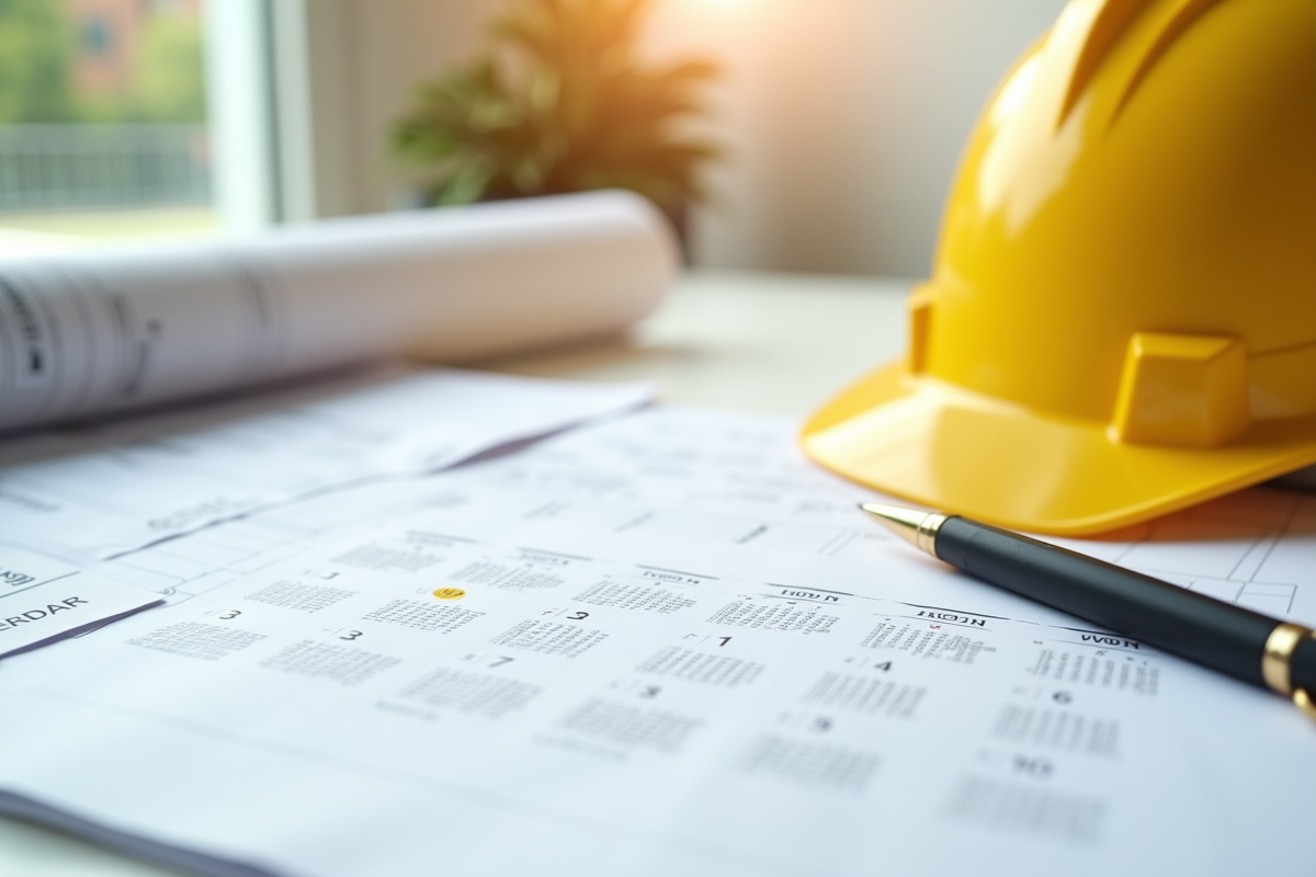 Calendrier avec dates en retard et casque de chantier sur bureau
