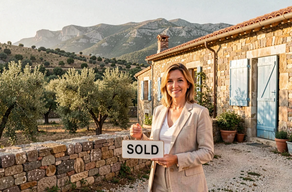 Agente Calenzana Immobilier devant une maison en pierre du village de Calenzana dans le Balagne