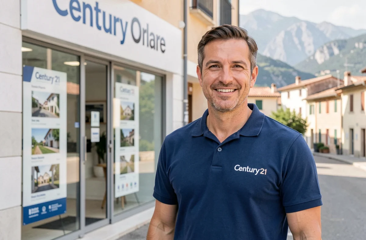 Agent Century 21 Corse devant la vitrine d'agence avec annonces immobilières affichées