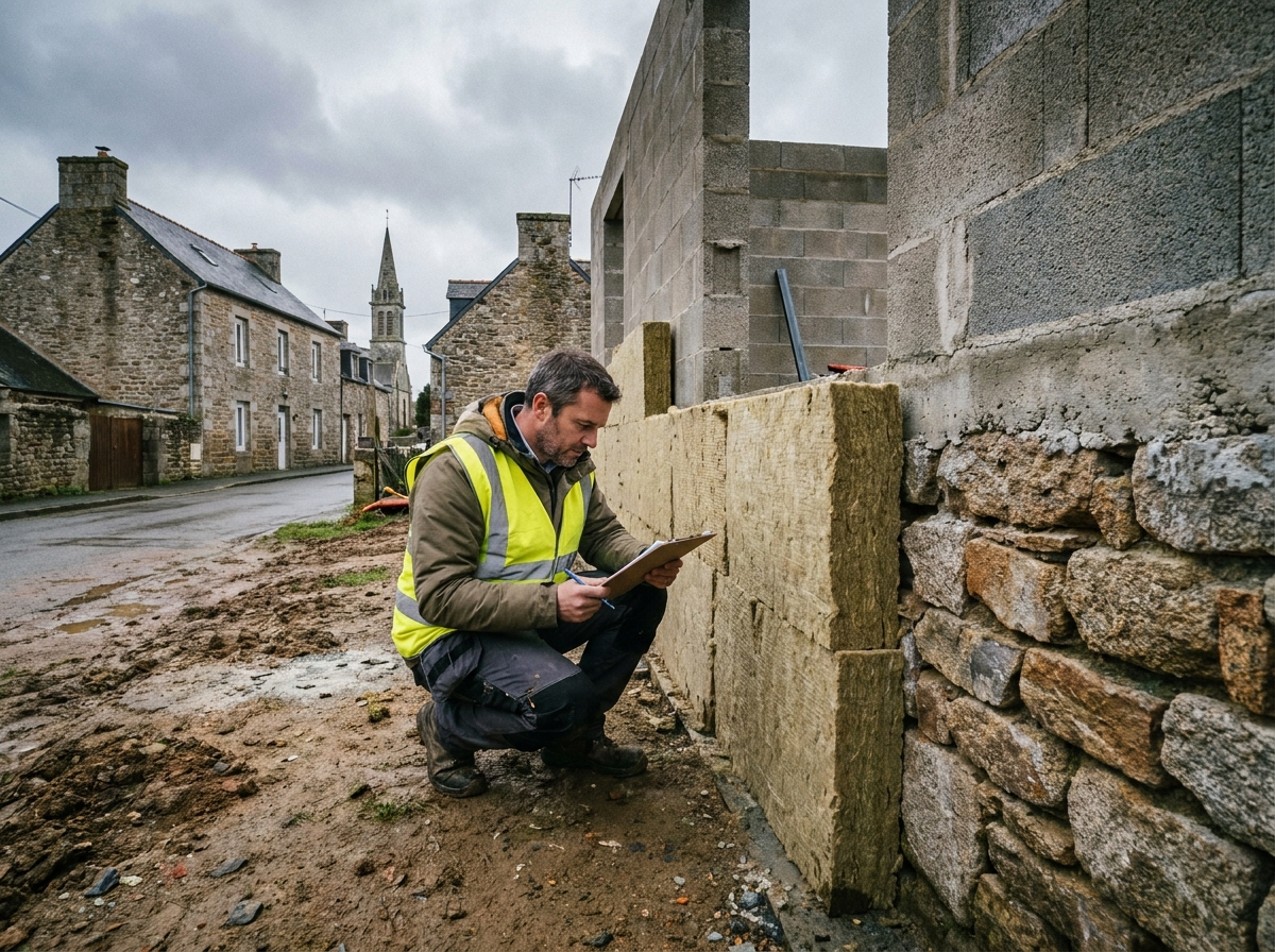 Architecte inspectant le chantier d'une maison neuve en construction dans un village breton