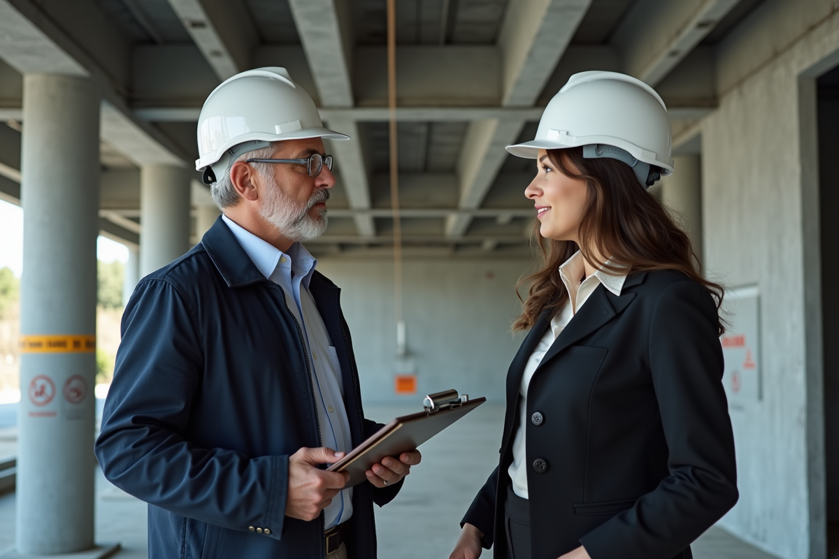 Chef de chantier parlant avec architecte en intérieur