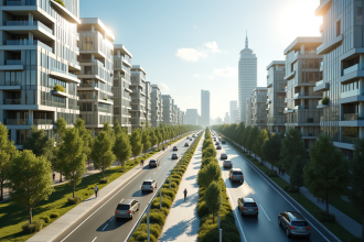 Paysage urbain moderne avec bâtiments innovants et espaces verts