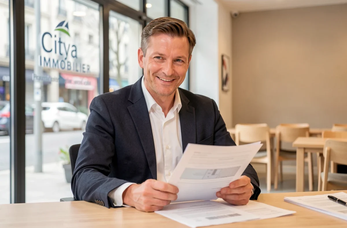 Agent immobilier de l'agence Citya Immobilier assis à son bureau en train d'examiner des documents de vente