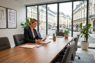 Gestionnaire de copropriété professionnelle dans une agence immobilière moderne à Rennes, Ille-et-Vilaine, illustrant le classement des meilleurs syndics
