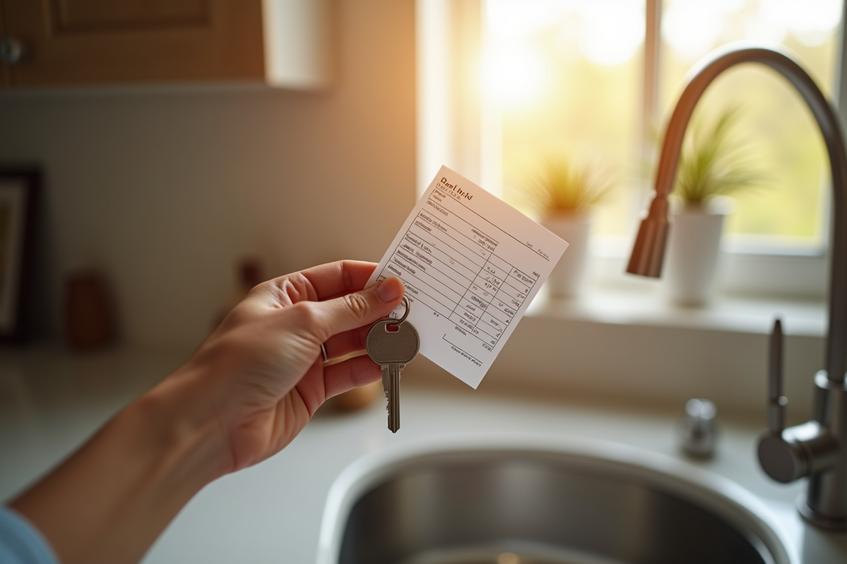 Main tenant des clés de maison et facture d'eau dans la cuisine