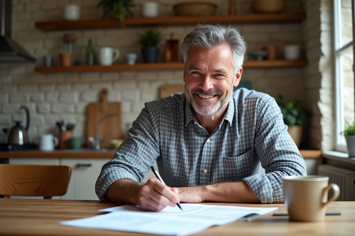 Client signant un contrat immobilier à une table de cuisine dans un appartement français avec documents d'agence