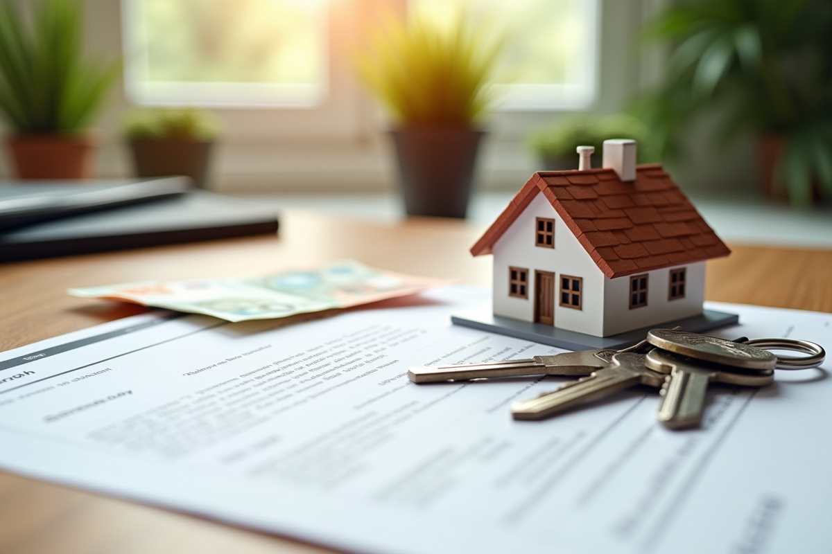 Clés et contrat immobilier avec maison miniature sur bureau ensoleille