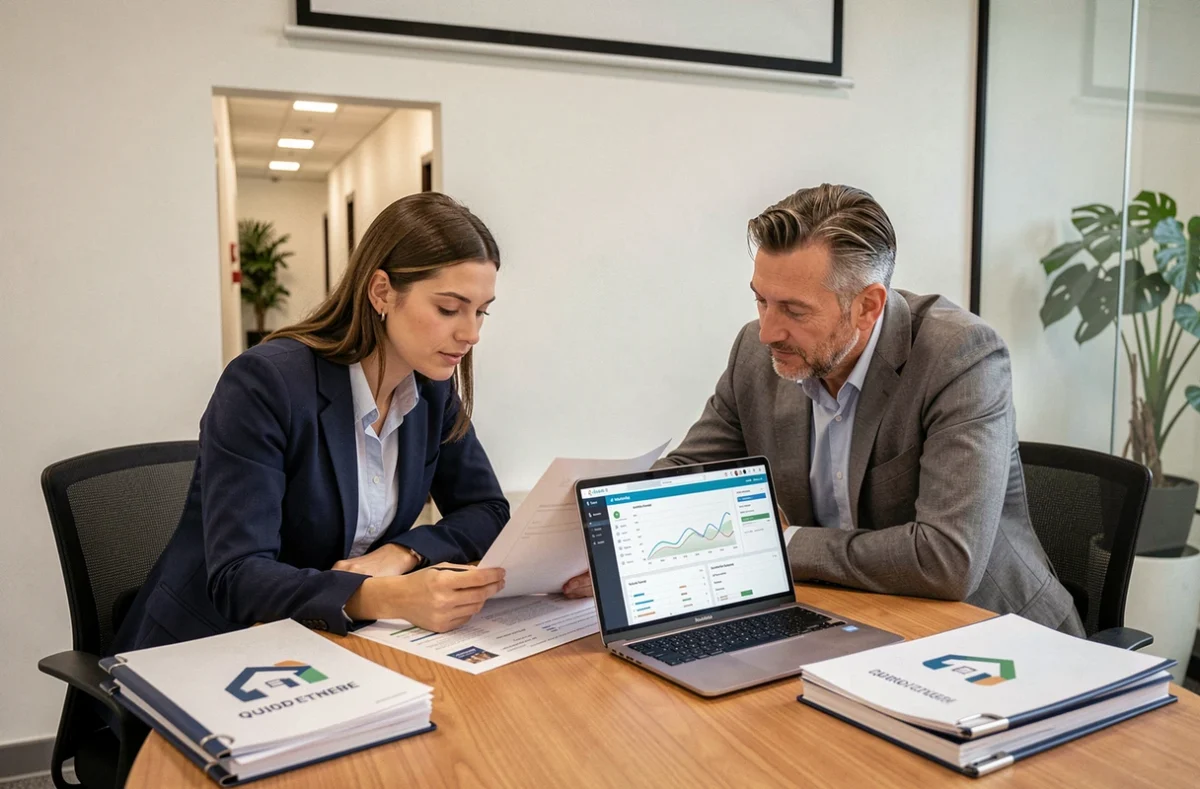Deux agents immobiliers collaborant autour d'un rapport statistique et d'un intranet CRM pour optimiser leurs ventes