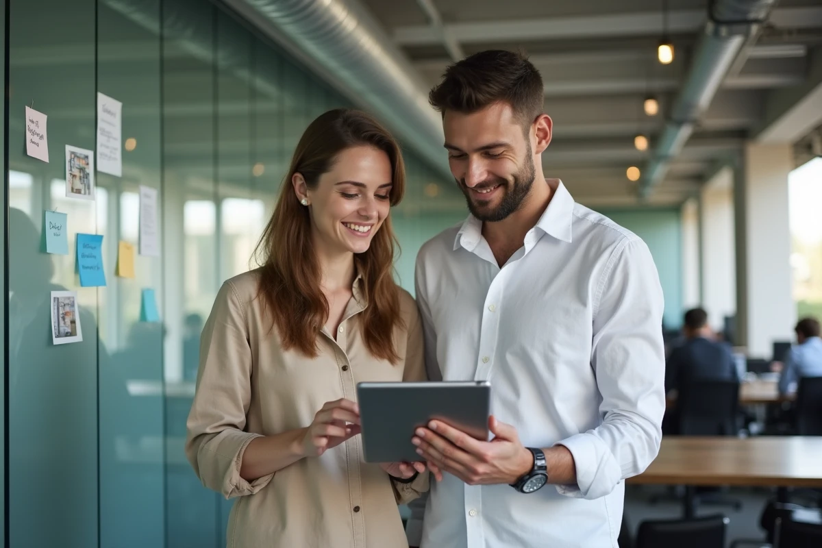 Deux professionnels de l'immobilier analysant ensemble les différences entre une revue foncière et un blog sur tablette dans un espace de coworking