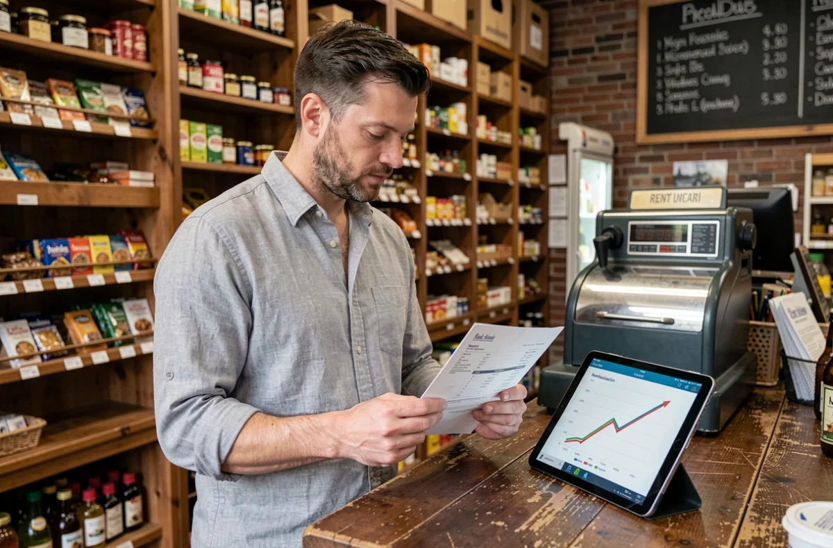 Commerçant indépendant consultant un graphique d'indexation ILC sur tablette dans son épicerie pour anticiper la révision de son loyer commercial