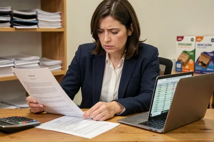 Commerçante analysant l'indice ILC et des documents de bail commercial dans son bureau pour protéger sa trésorerie