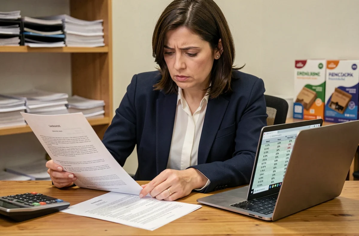 Commerçante analysant l'indice ILC et des documents de bail commercial dans son bureau pour protéger sa trésorerie