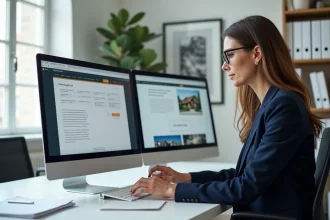Professionnelle de l'immobilier comparant une revue foncière en ligne et un blog immobilier sur son ordinateur de bureau