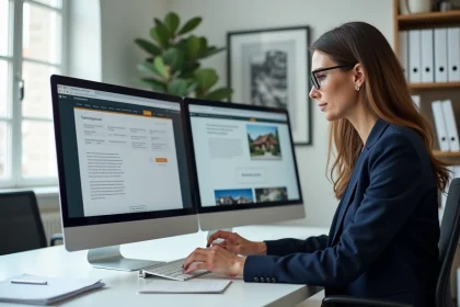 Professionnelle de l'immobilier comparant une revue foncière en ligne et un blog immobilier sur son ordinateur de bureau