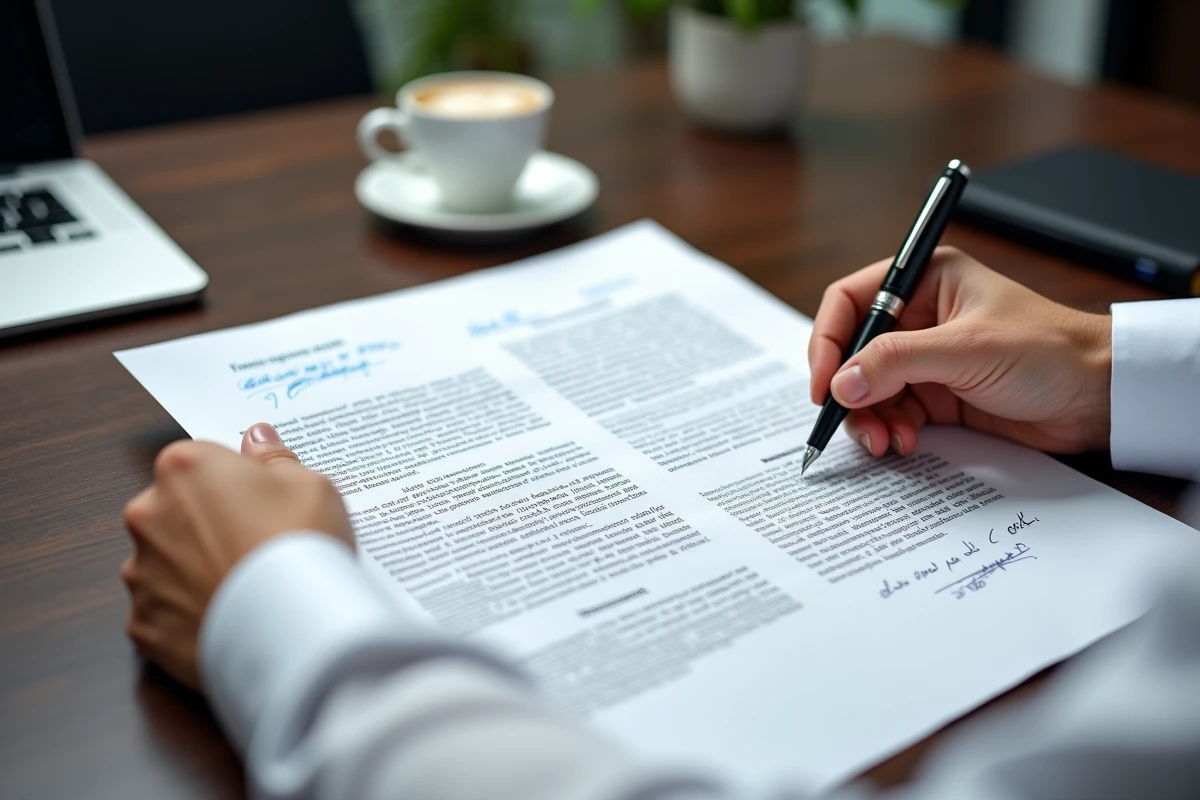 Gros plan d'un compromis de vente immobilière avec annotations manuscrites et stylo plume sur bureau en bois