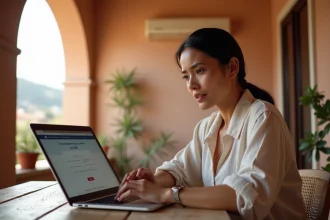 Femme expatriée se connectant à My Foncia depuis son appartement à l'étranger sur un ordinateur portable