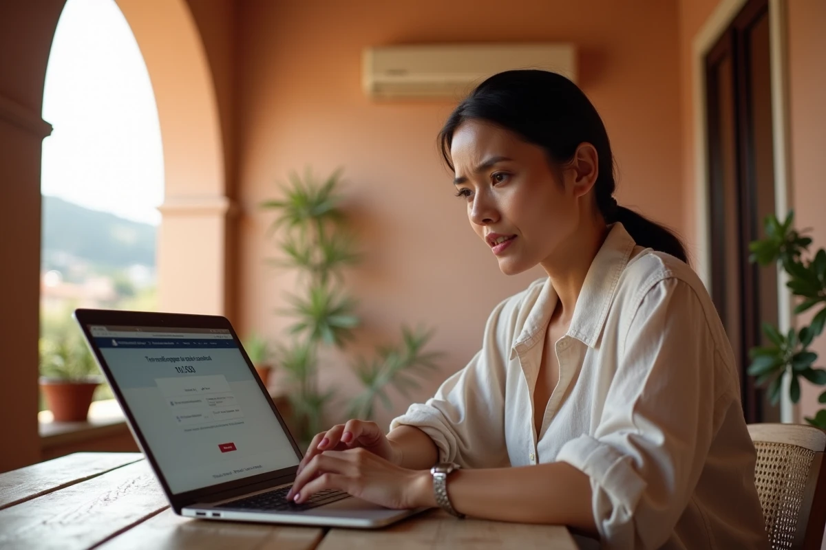 Femme expatriée se connectant à My Foncia depuis son appartement à l'étranger sur un ordinateur portable