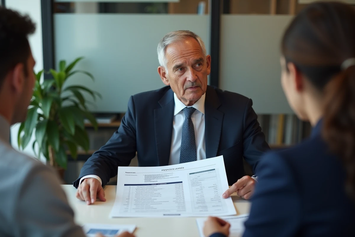 Conseiller immobilier expliquant le calcul du forfait travaux et la plus-value nette à un couple vendeur lors d'une consultation notariale