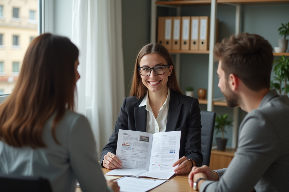 Femme conseillère assurance avec couple au bureau