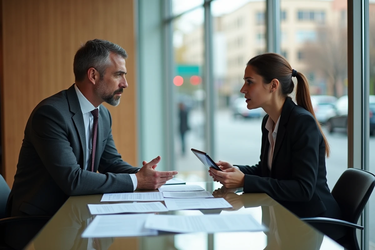 Conseiller bancaire et client discutant de prêts dans une banque