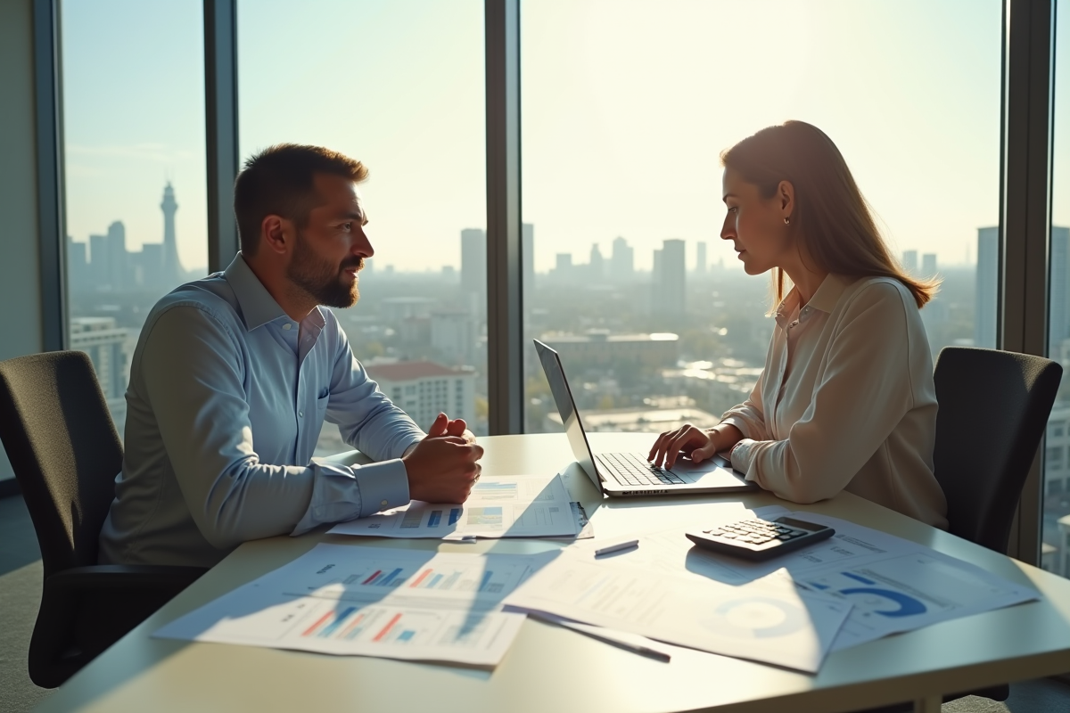 Conseiller financier et client examinant des documents fiscaux