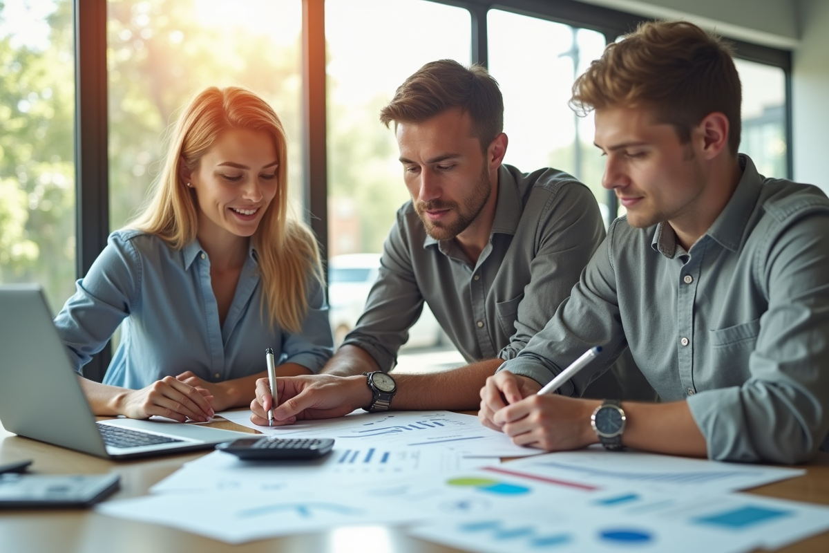 Conseiller financier avec un jeune couple examinant des documents immobiliers