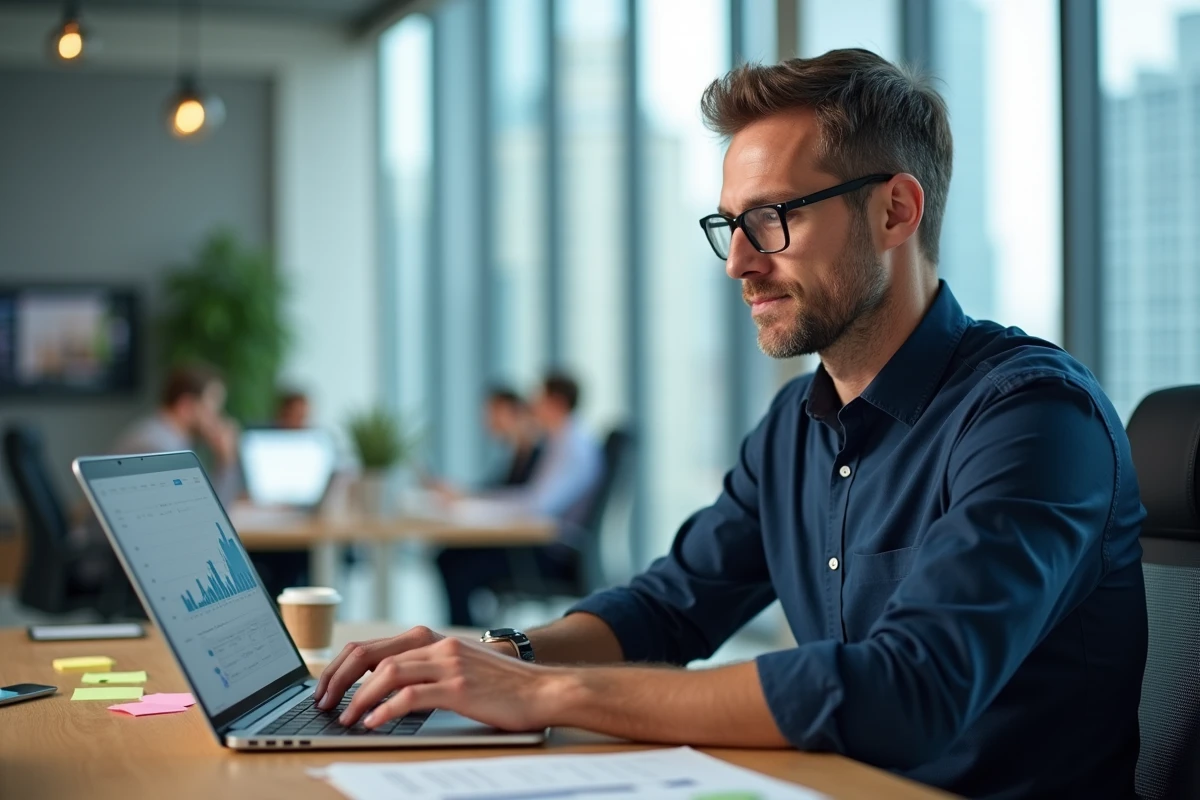 Conseiller financier utilisant un tableau de bord logiciel Omegasafti sur son ordinateur portable dans un bureau moderne