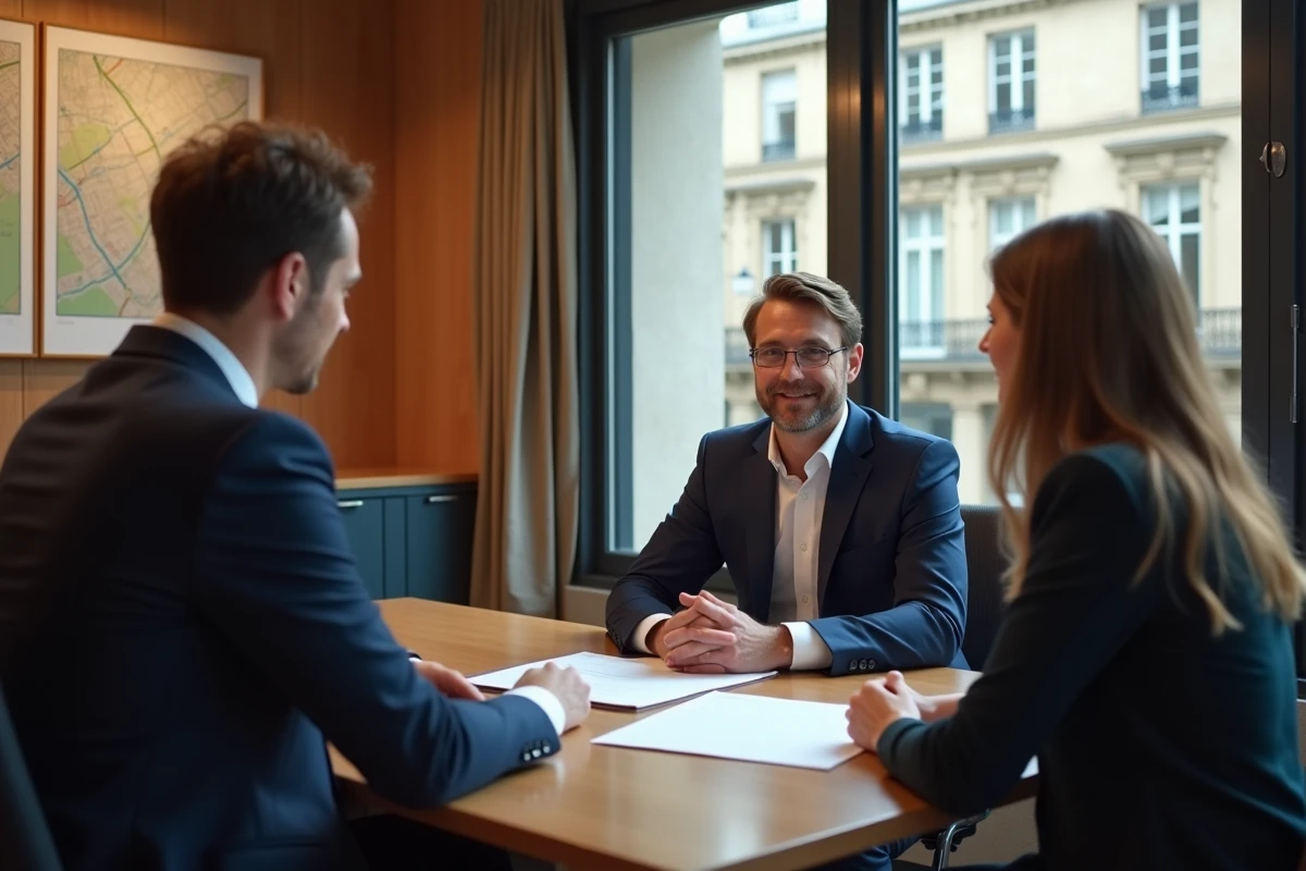 Conseiller immobilier expliquant les risques d'un investissement Pinel à Bordeaux à un couple d'acheteurs dans un bureau notarial