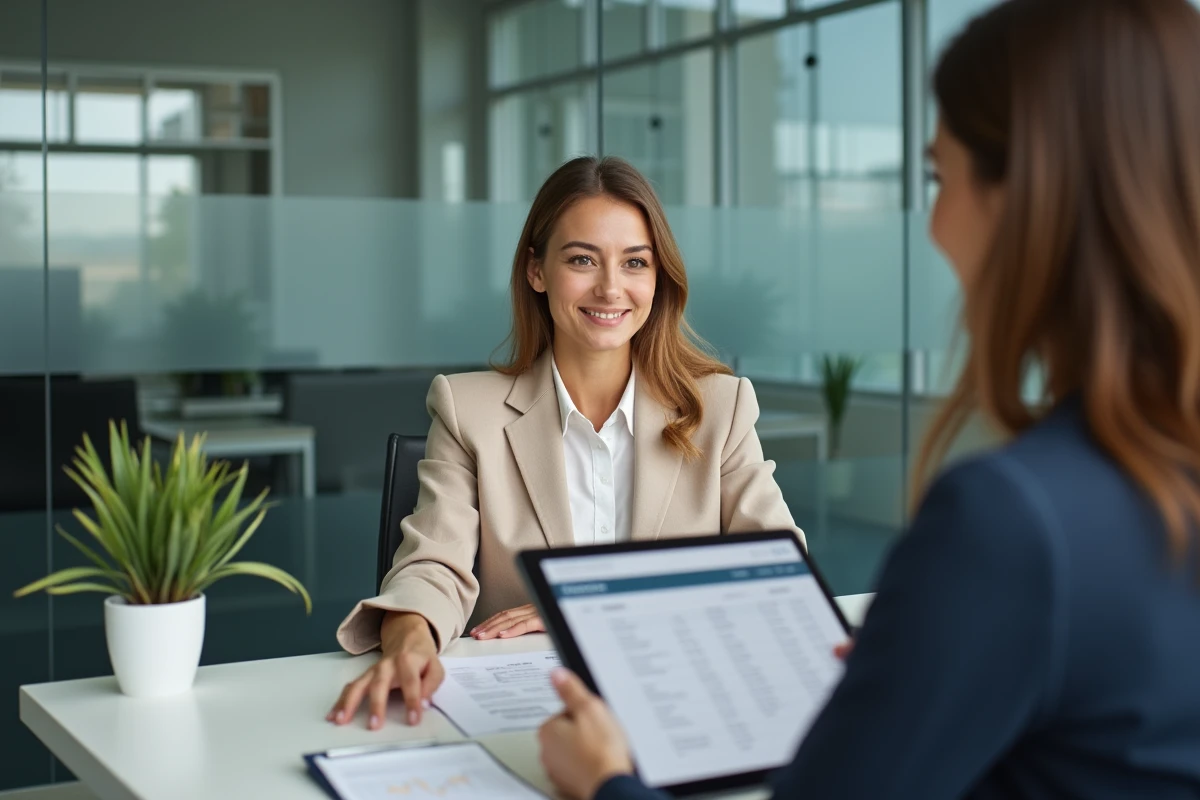Conseillère en assurance présentant les fonctionnalités d'Omegasafti à un client lors d'une réunion professionnelle