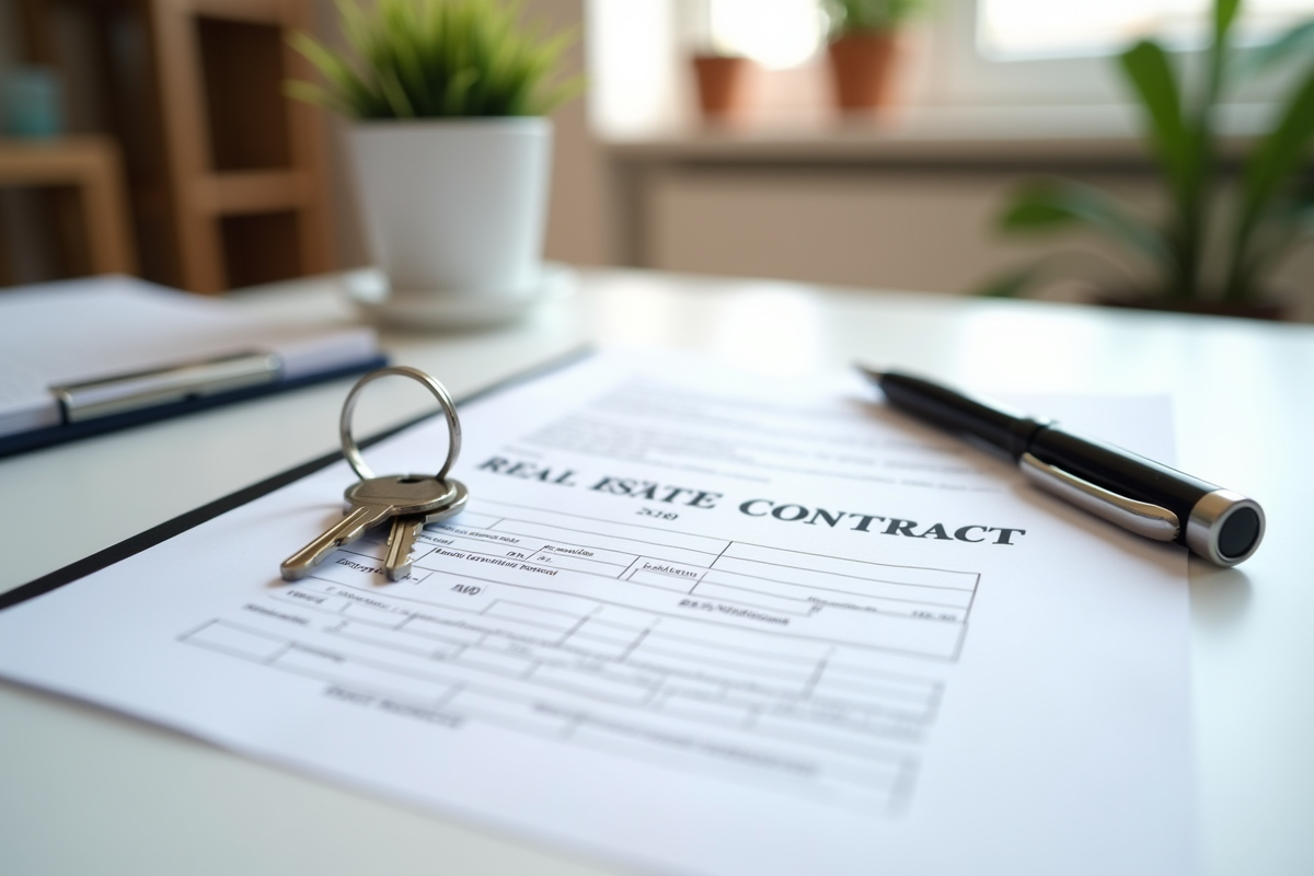 Contrat immobilier avec clé et formulaire sur une table lumineuse