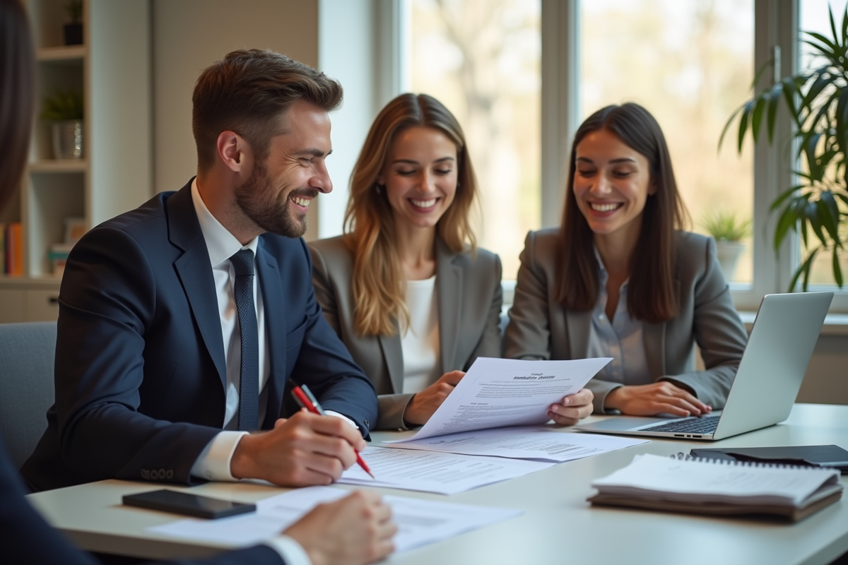 Couple souriant rencontrant un banquier dans un bureau lumineux