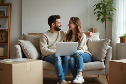 Jeune couple souriant dans un salon avec cartons et ordinateur