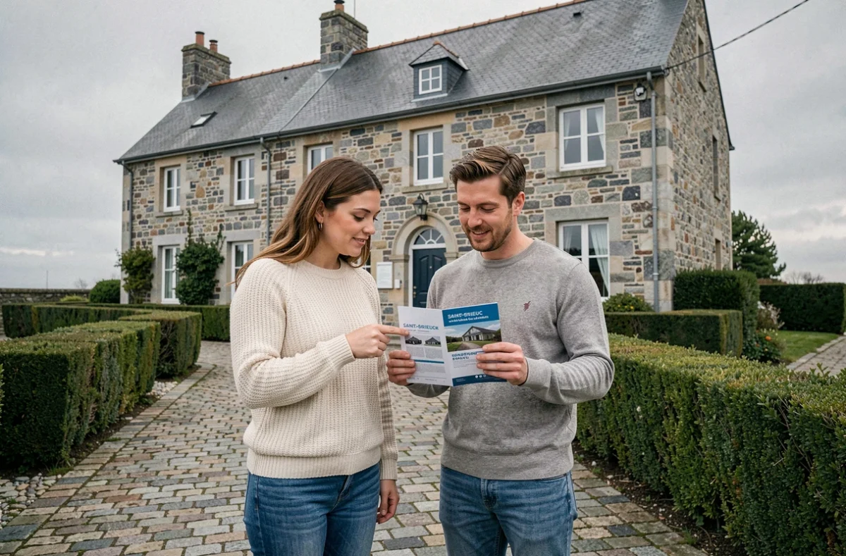 Couple consultant une brochure d'assurance habitation devant une maison en granit à Saint-Brieuc