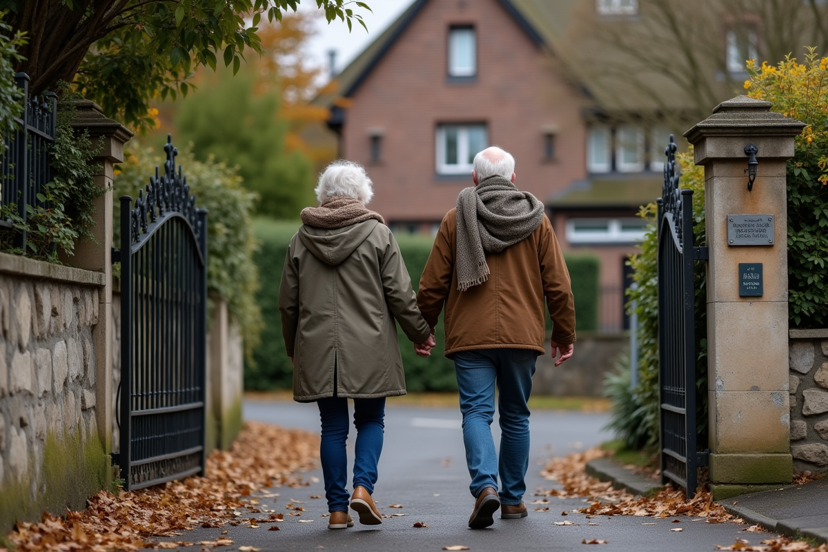 Couple agee marchant main dans la main devant maison de banlieue