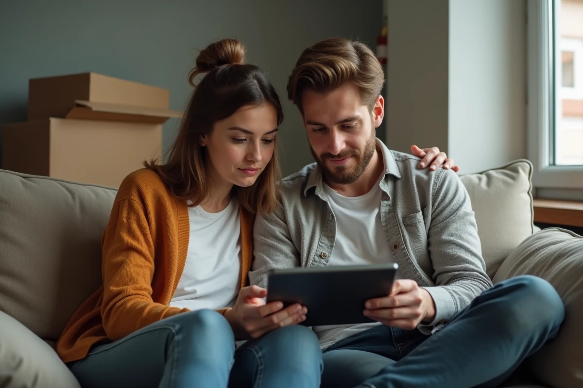 Couple lisant un avis favorable de commission d'attribution de logement sur une tablette dans leur appartement