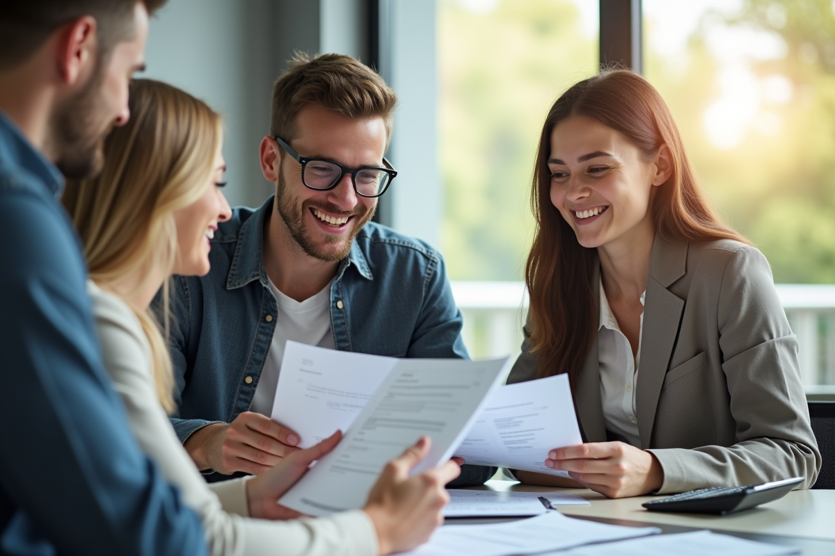 Jeune couple discutant avec un conseiller financier dans un bureau lumineux