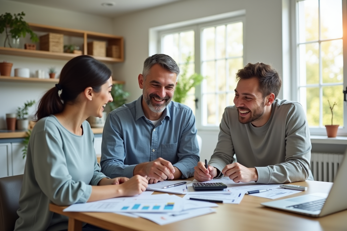 Couple discutant de papiers immobiliers avec conseiller