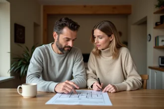 Couple examinant des documents de prêt immobilier PTZ à leur table de cuisine dans un appartement moderne