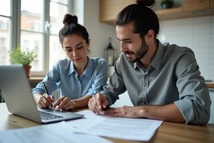 Couple consultant des documents pour activer le 1 pour cent logement à leur domicile