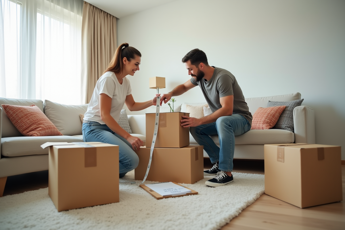 Couple emballant des cartons dans un salon lumineux