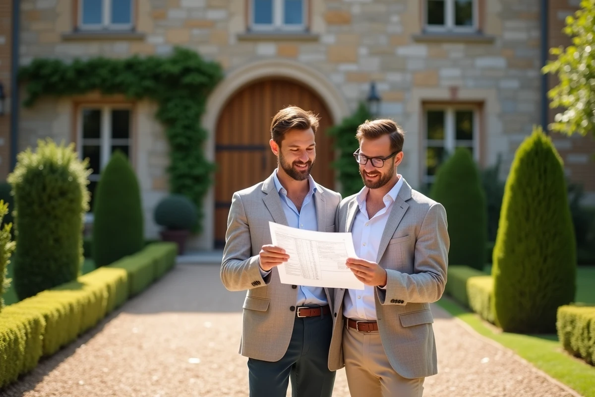 Couple consultant une estimation immobilière devant une villa de prestige en pierre en France