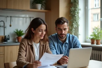 Couple étudiant un dossier de prêt immobilier de 200 000 euros autour d'une table de cuisine moderne