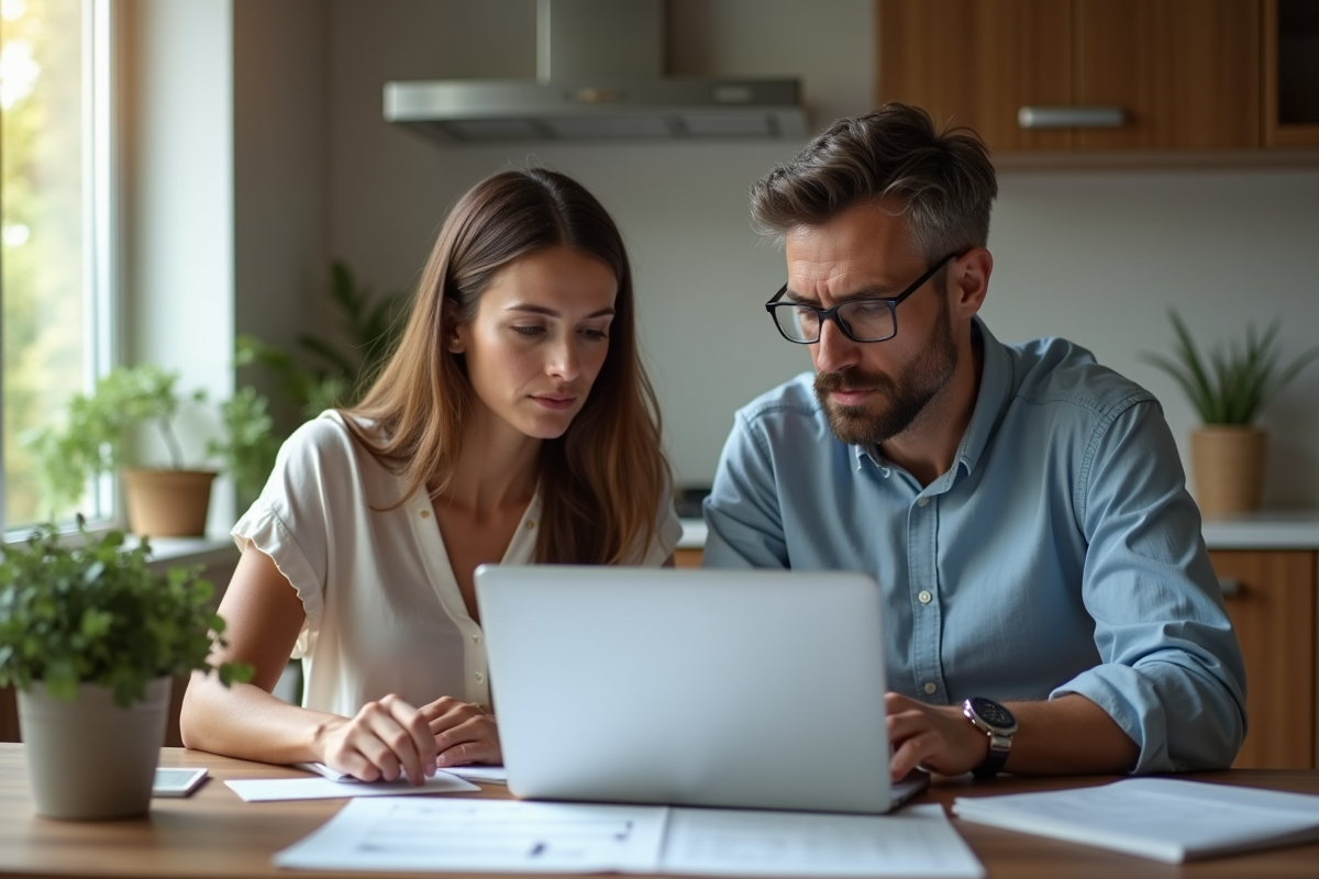 Couple sérieux examinant des documents financiers à la maison