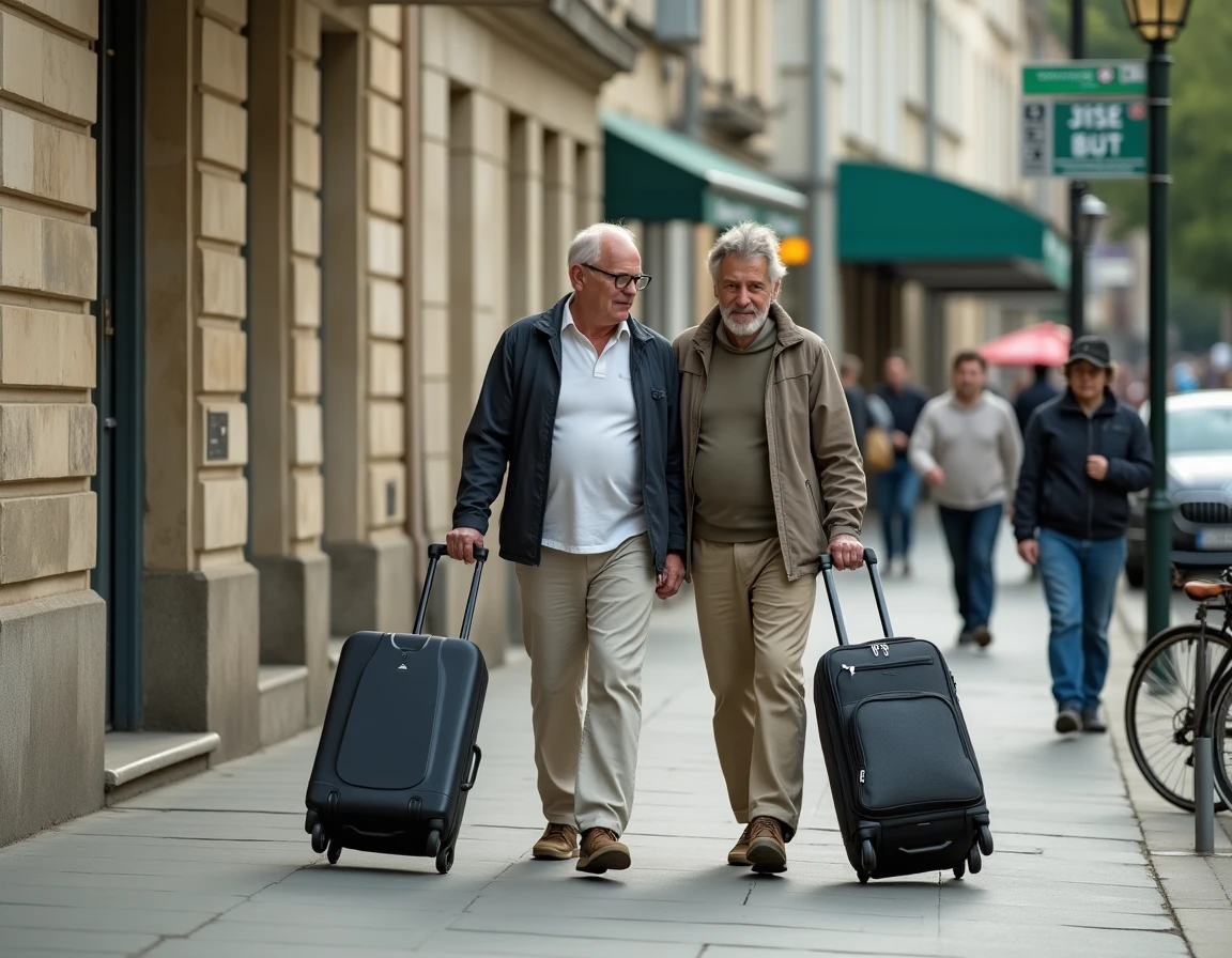 Couple avec valises devant la gare de Saint-Malo, point de départ idéal pour explorer la ville sans voiture
