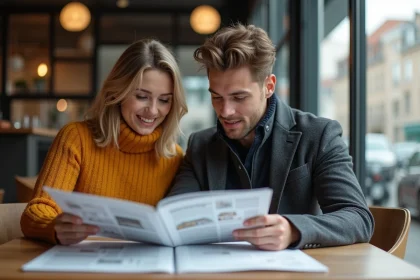 Jeune couple professionnel consulte brochures immobili&egrave;res &agrave; Lyon